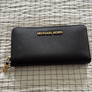 Michael Kors Black Zip-Around Wallet with Gold Details